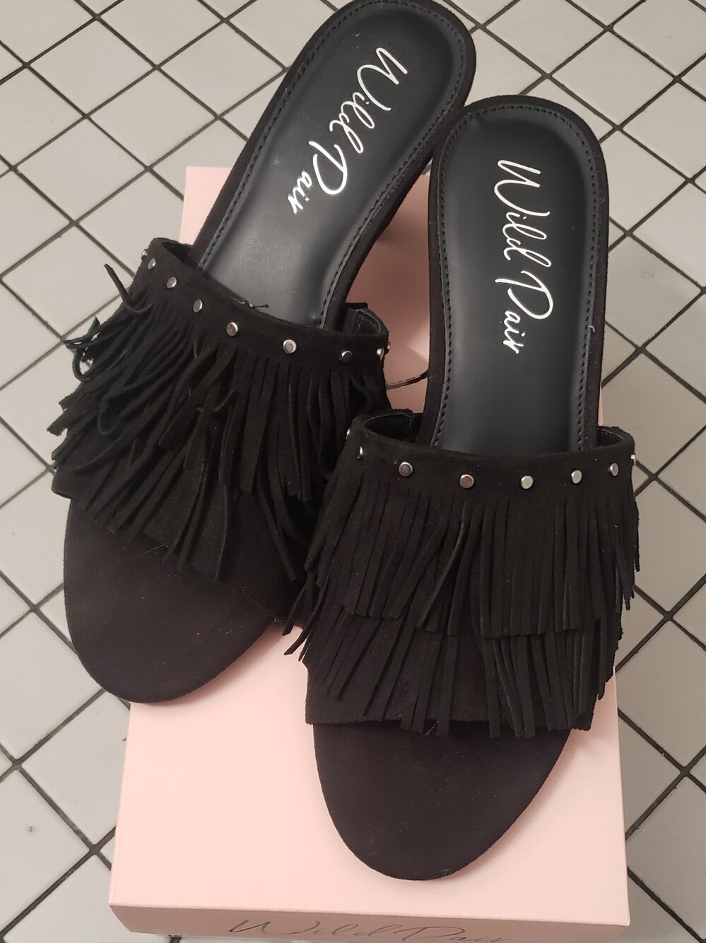 Wild Pair Black Fringe Slide Mules with Stud Detail. Kitten Heels. New. 10.5